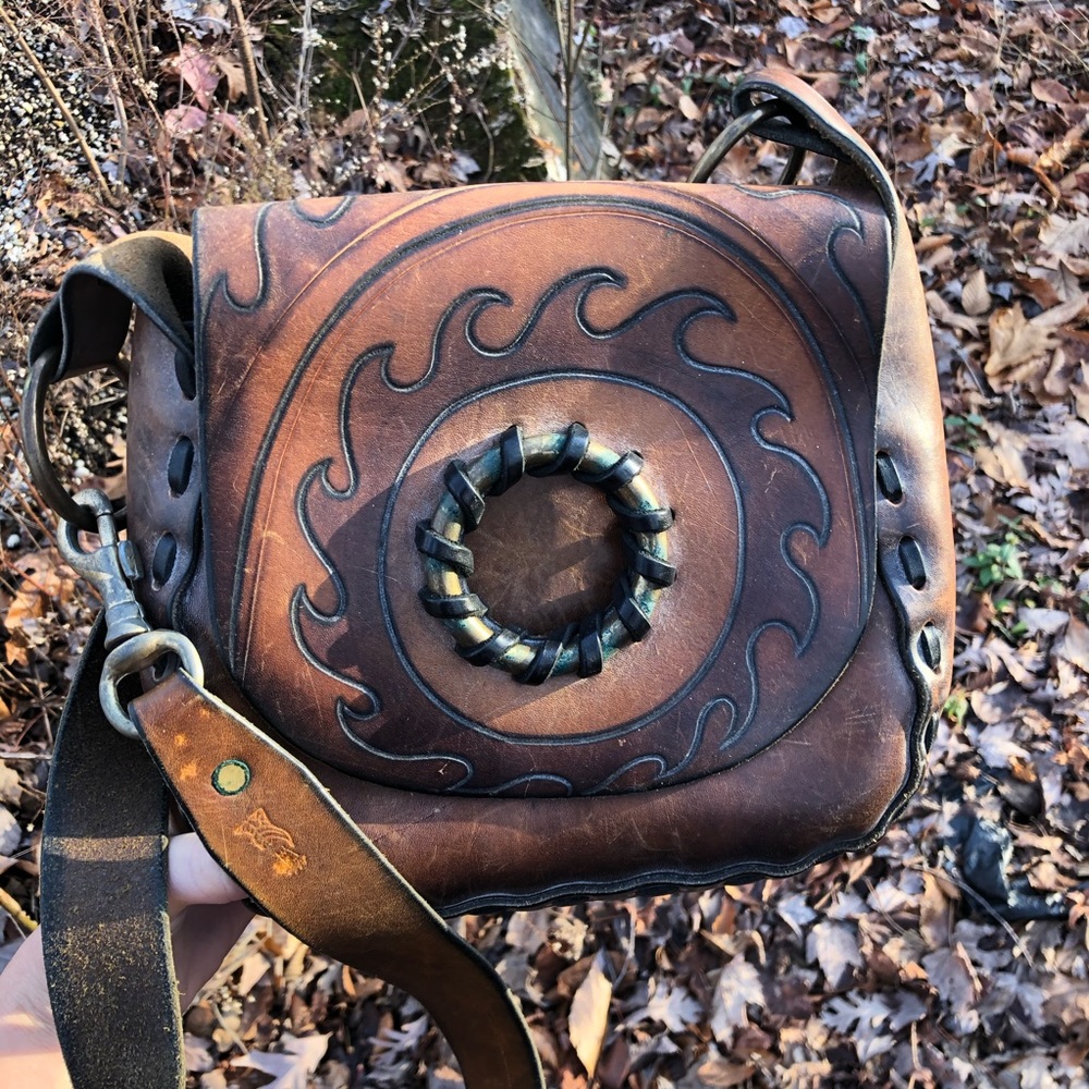 Brown leather sun / wave  purse